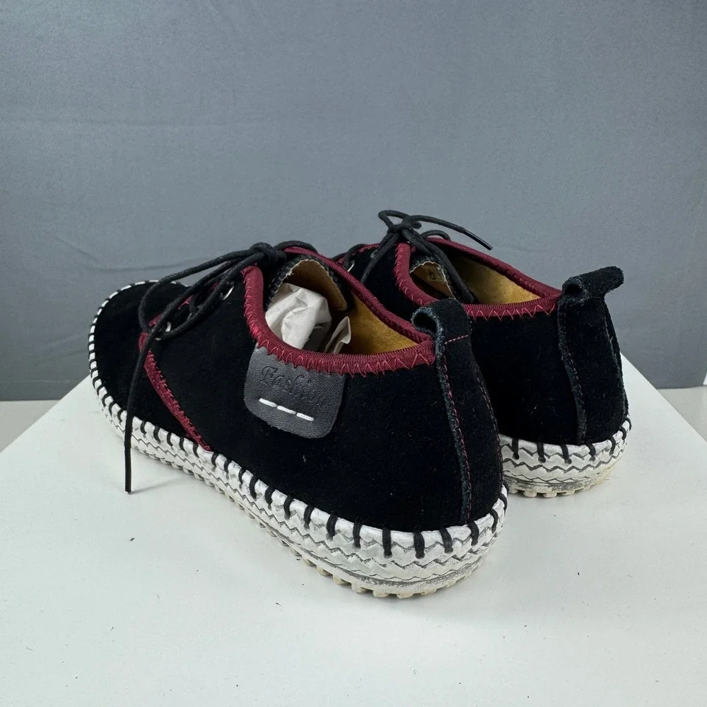 Fashion Casual Shoes Mens 10 Black Suede Burgundy Trim Whipstitch Lace Up Flats